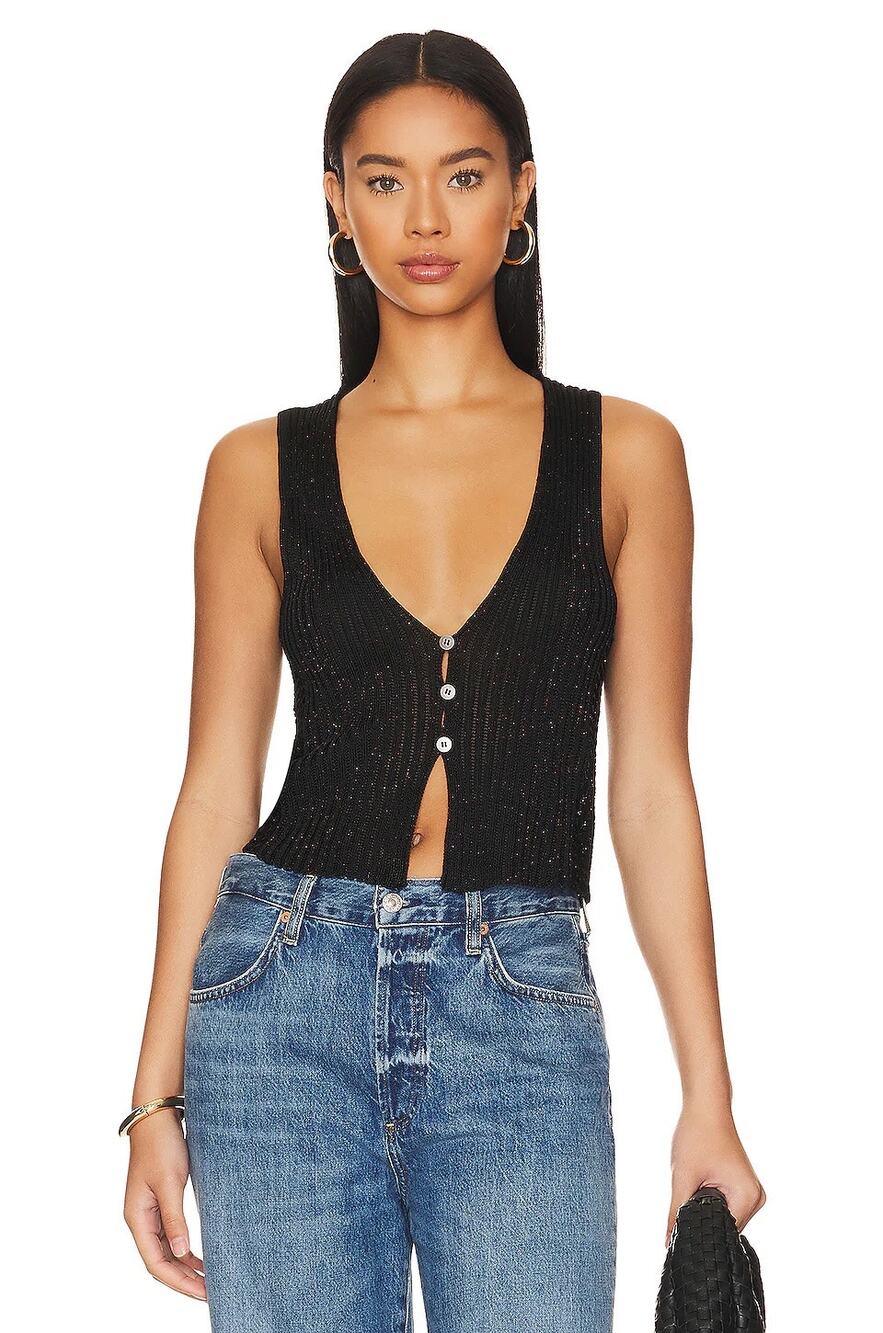 NWT Free People Seascape Vest Large Black Metallic Button Up Tank Top
